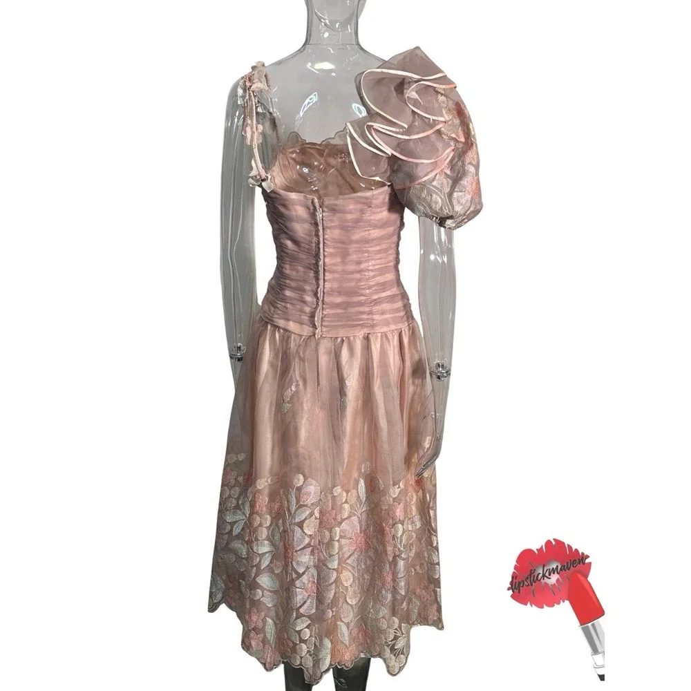 Vintage Party Dress Women 8 Pink‎ Floral Ruffle Puff Sleeve Girly
